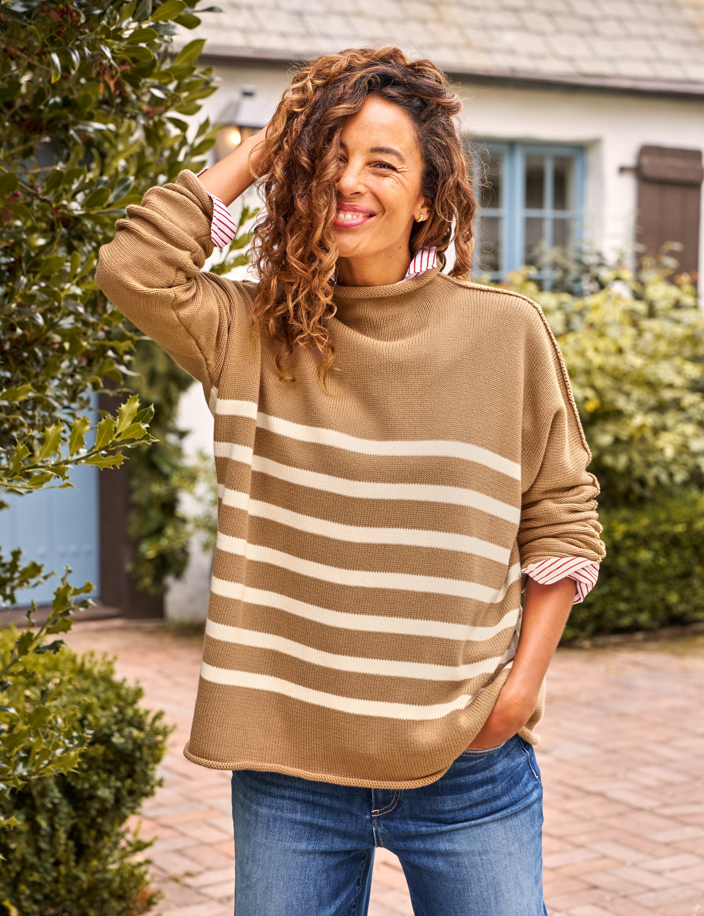 MONTEREY Camel with Cream Stripe, Pure Italian Cotton