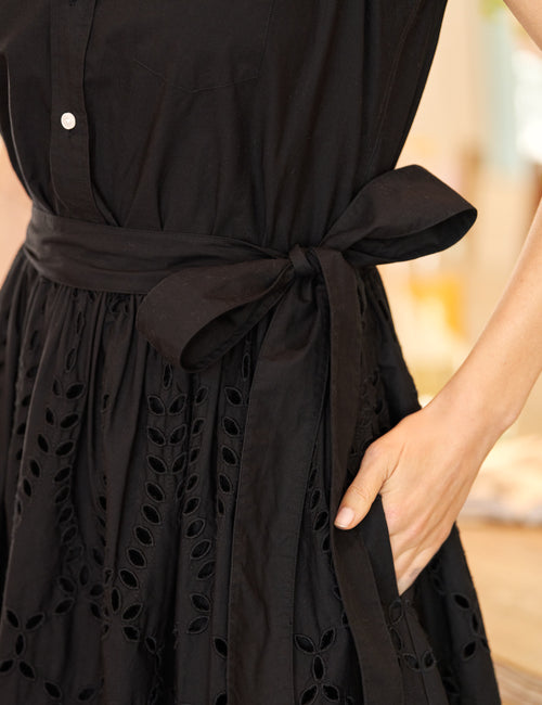 GRACE SLEEVELESS DRESS Black, Eyelet Cotton, view 4