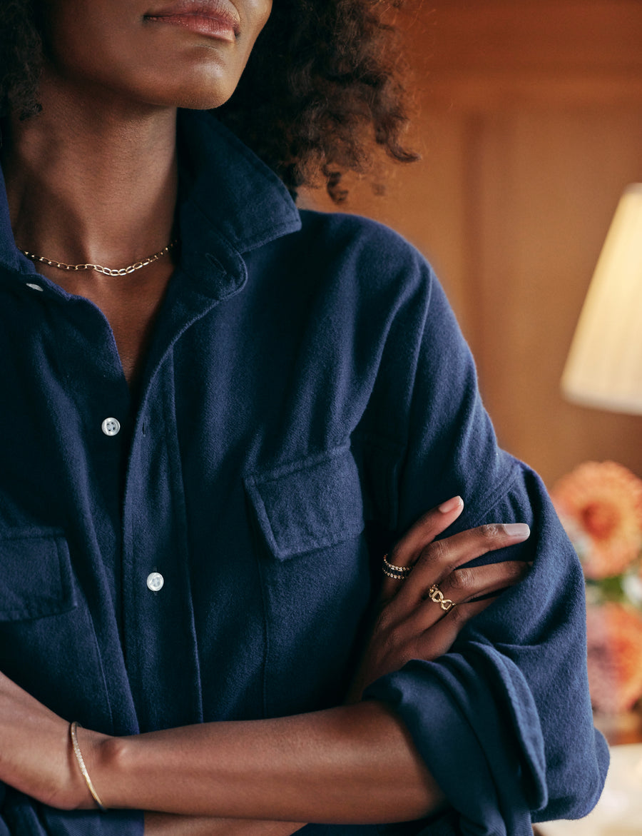Detail of collar and front button placket on person wearing Navy Frank & Eileen McLoghlin Utility Shirt in Flannel