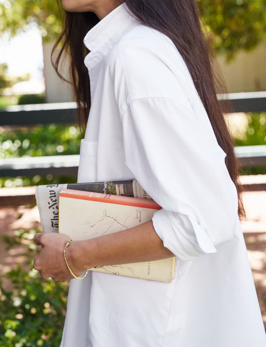 Detail of sleeve on person wearing White Frank & Eileen Shirley Oversized Button-Up Shirt in Italian Oxford