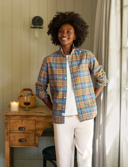 EILEEN Orange and Green with Blue Plaid, Italian Flannel, front view