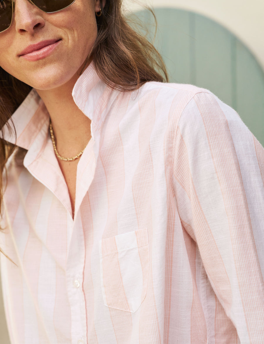 Detail of collar on person wearing Pink Stripe Frank & Eileen Eileen Relaxed Button-Up Shirt in Casual Cotton