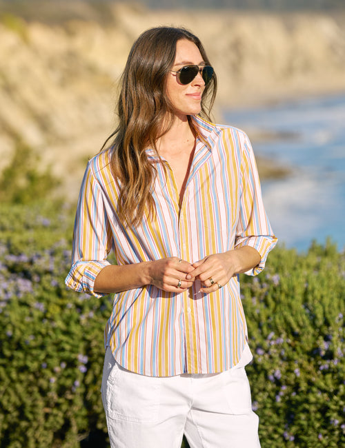 EILEEN Gold with Red and Blue Stripe, Italian Cotton, front view