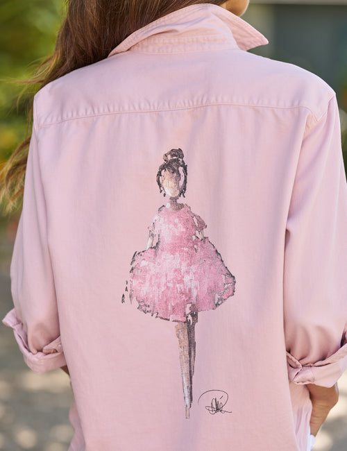 Pink jacket with a graphic of a woman in a pink dress on the back., view 3