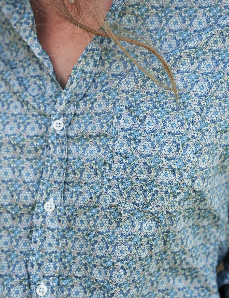 Detail of pattern on person wearing Floral Frank & Eileen Barry Tailored Button-Up Shirt in Made with Liberty Fabric