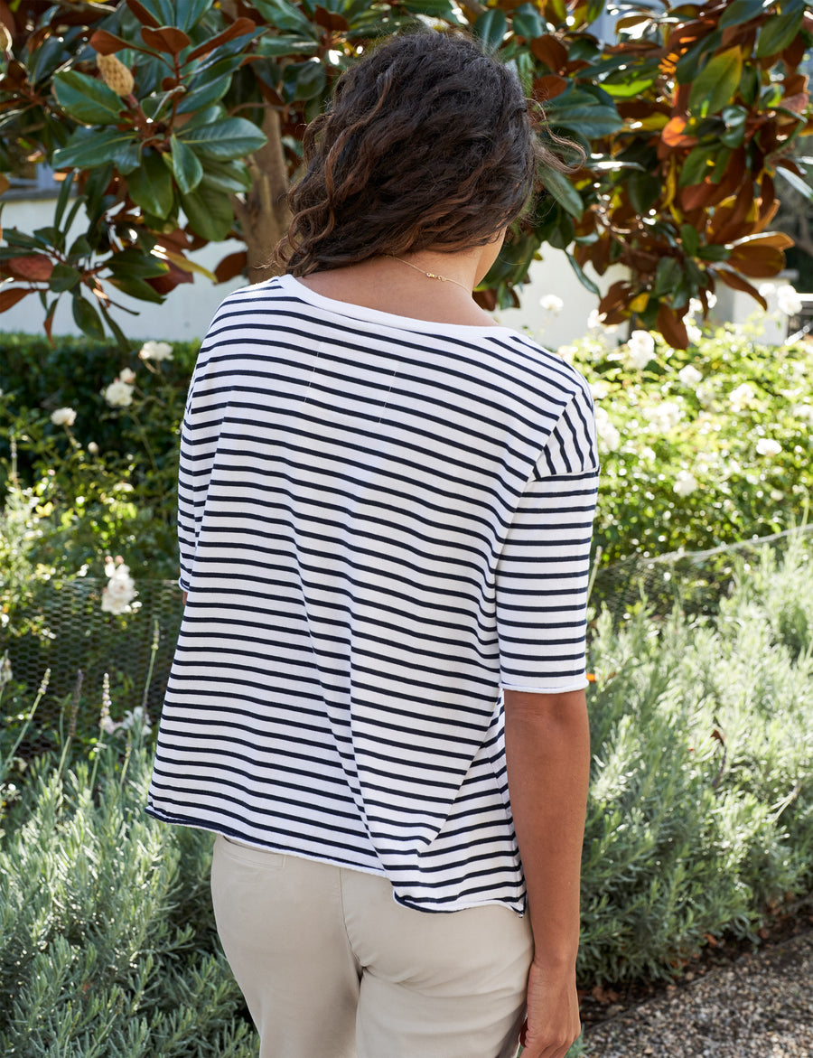 Back of person wearing French Stripes Frank & Eileen Josephine French Tee in Essential Jersey