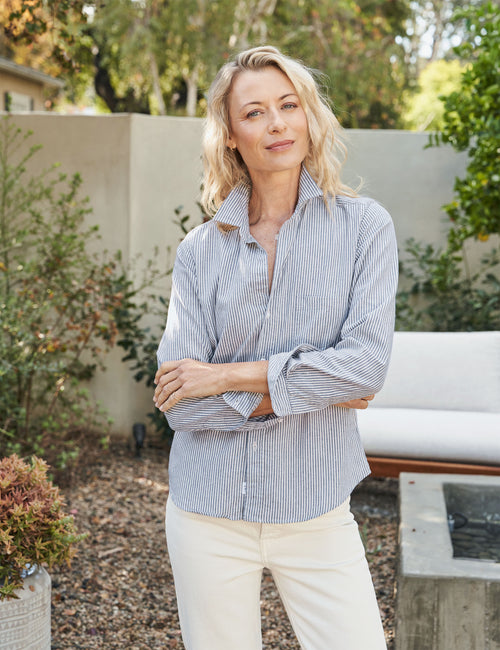 Front of person wearing Navy Stripe Frank & Eileen Barry Tailored Button-Up Shirt in Italian Vintage Cotton, front view