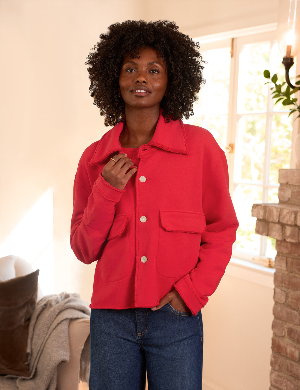 Rowan, Cropped Sweatshirt Utility Jacket, Red | Frank & Eileen