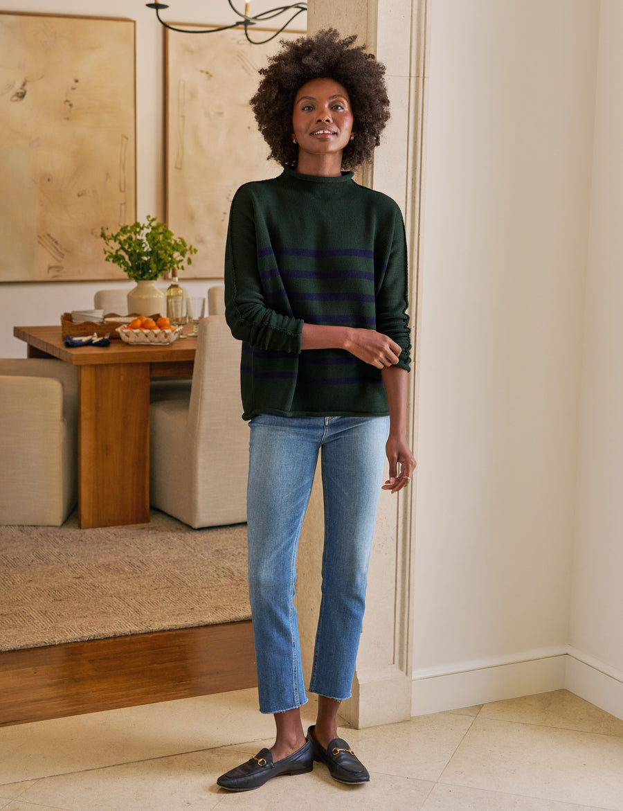 MONTEREY Green with Navy Stripe, Pure Italian Cotton