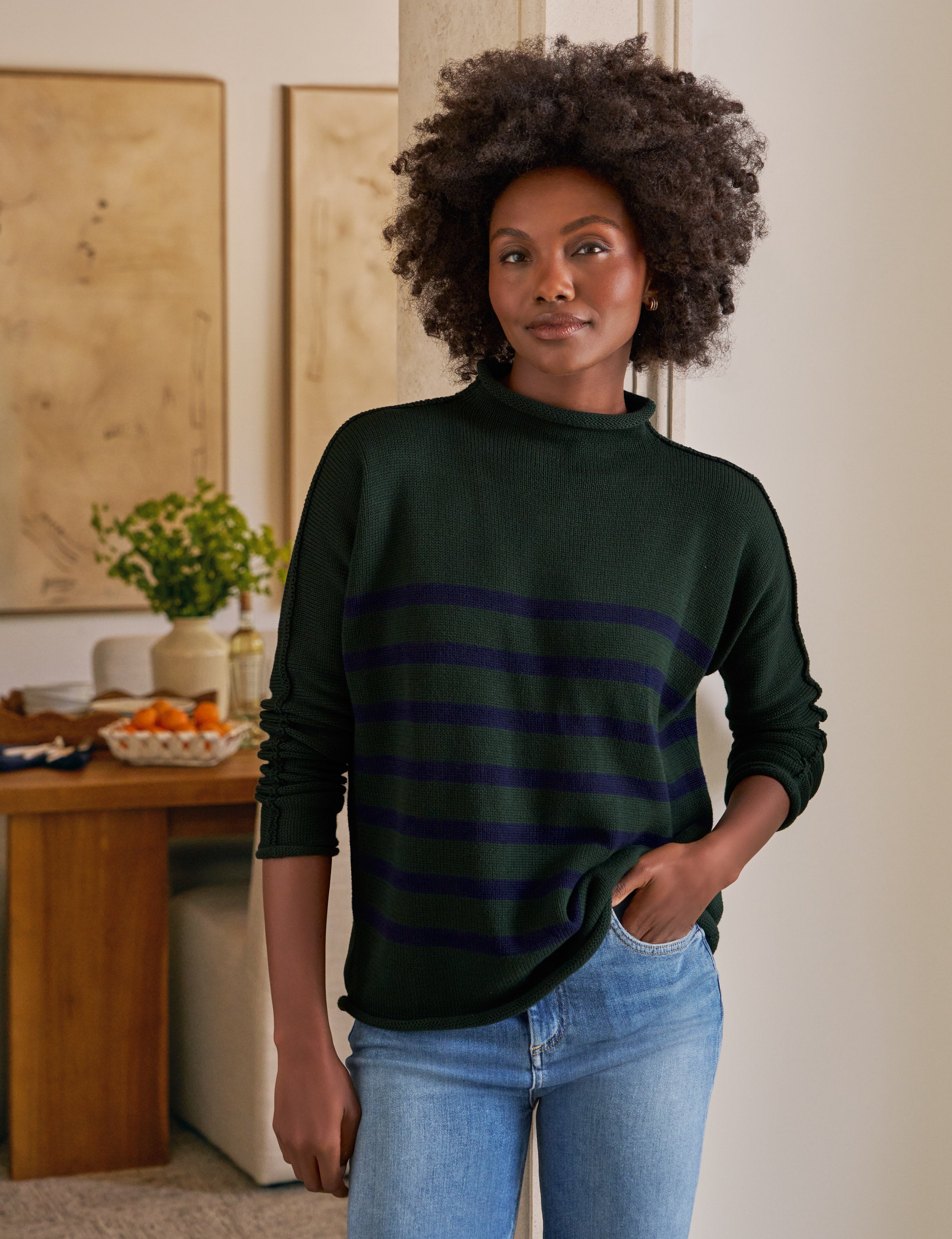 MONTEREY Green with Navy Stripe, Pure Italian Cotton