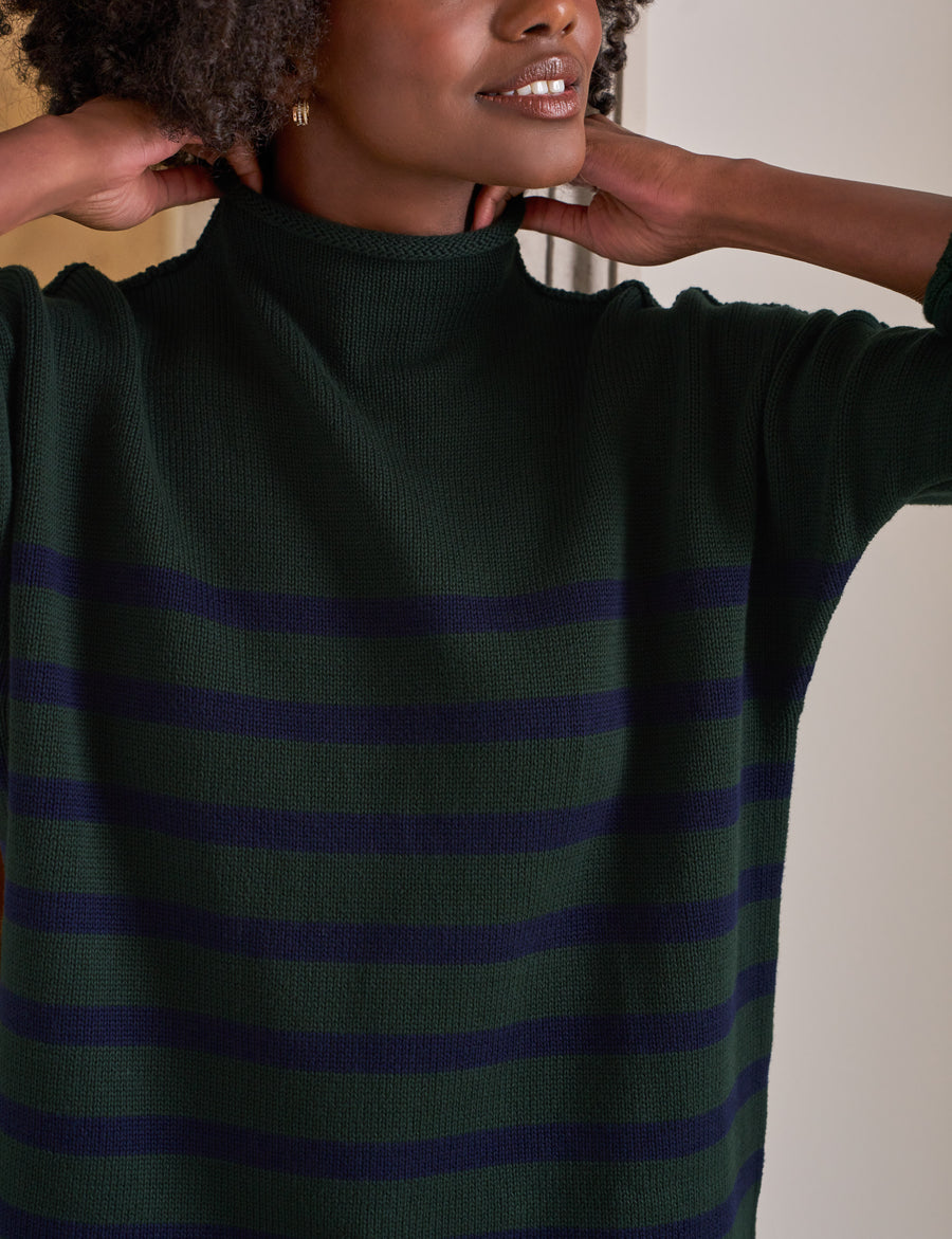 MONTEREY Green with Navy Stripe, Pure Italian Cotton
