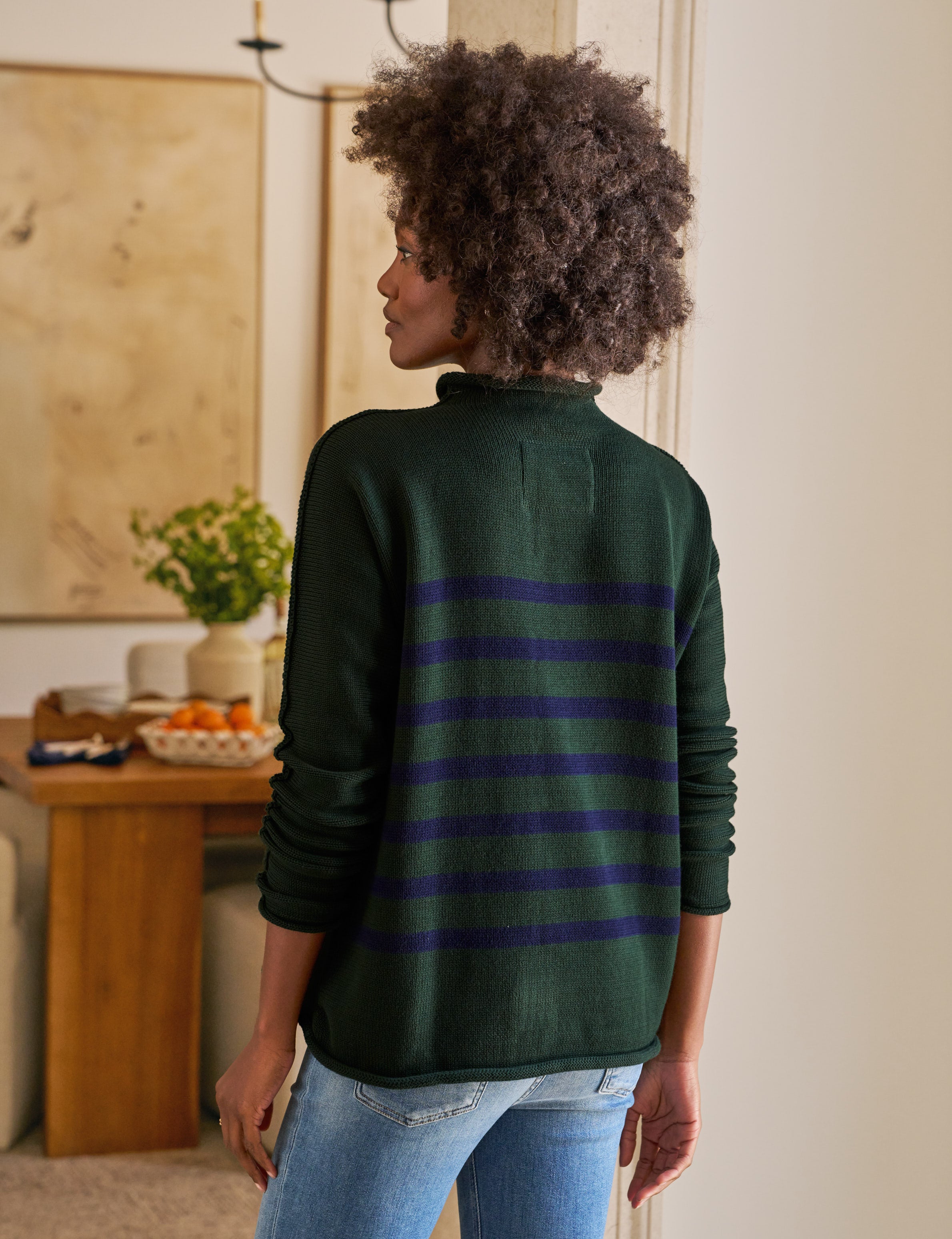 MONTEREY Green with Navy Stripe, Pure Italian Cotton