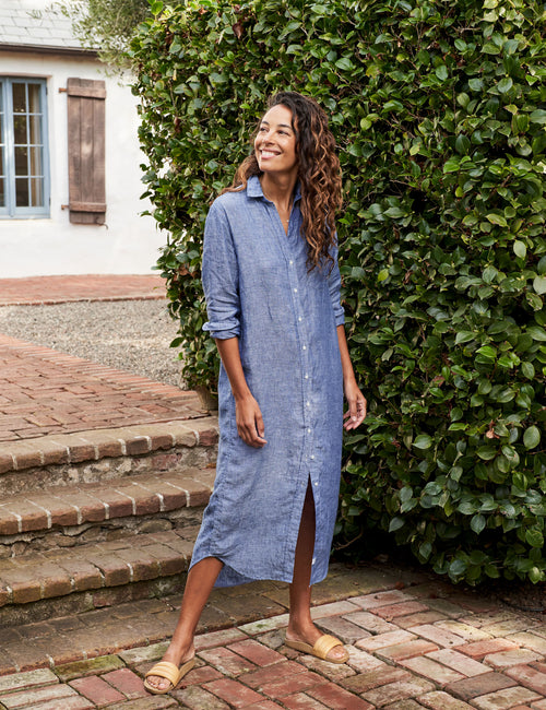 Front of person wearing Blue Frank & Eileen Rory Maxi Shirtdress in Lived-in Linen, front view