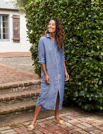 Front of person wearing Blue Frank & Eileen Rory Maxi Shirtdress in Lived-in Linen