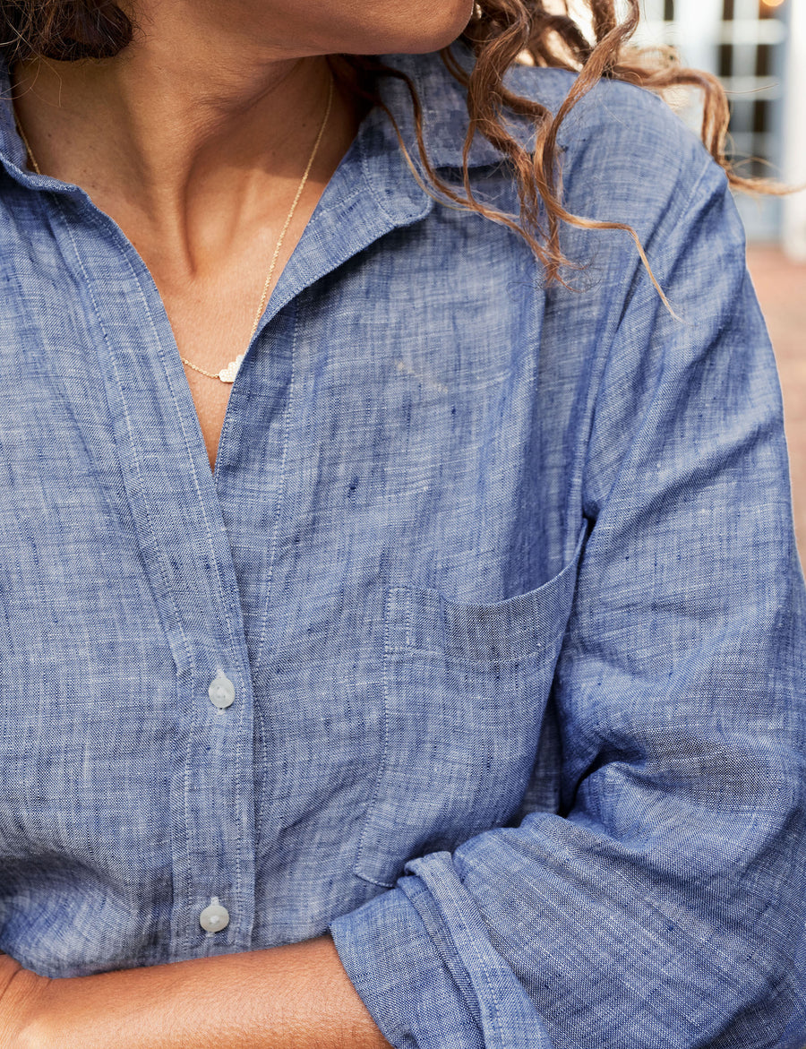 Detail of collar on person wearing Blue Frank & Eileen Rory Maxi Shirtdress in Lived-in Linen