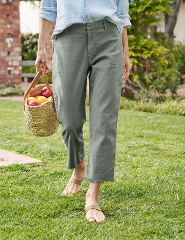 Front of person wearing Green Frank & Eileen Kinsale High-Rise Pant in Italian Performance Linen