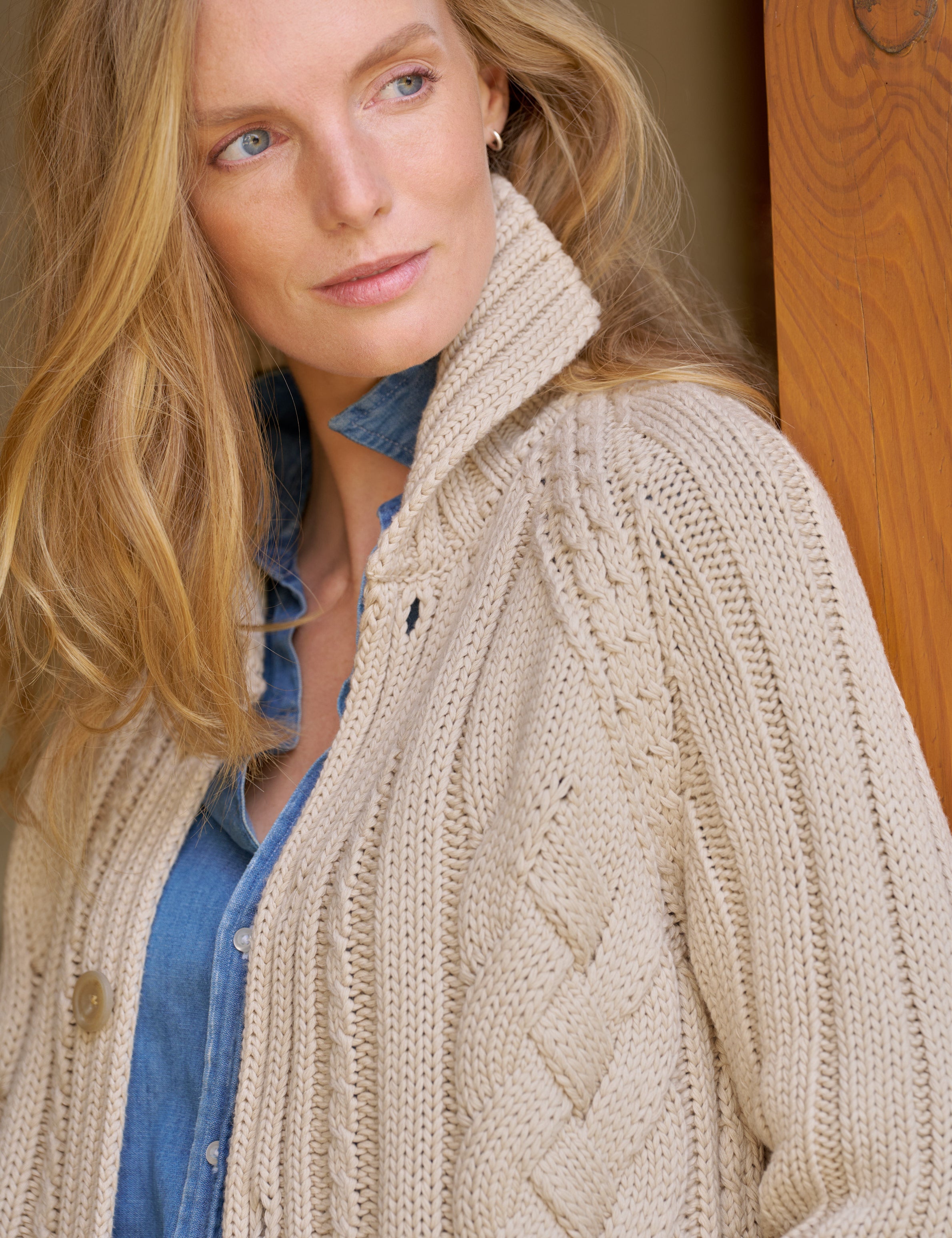 Mini Cotswolds, Cropped Cable Knit Cardigan, Tan | Frank & Eileen