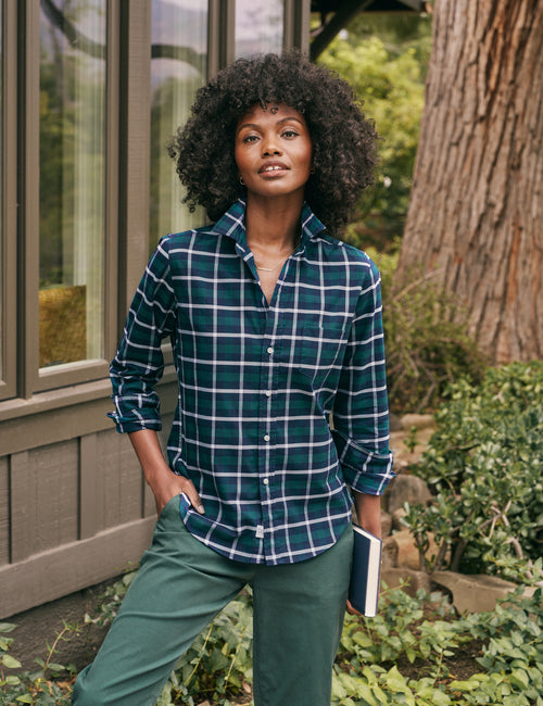 Front of person wearing Green Plaid Frank & Eileen Barry Tailored Button-Up Shirt in Flannel, front view