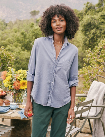 Front of person wearing Gray Frank & Eileen Eileen Relaxed Button-Up Shirt in Famous Denim
