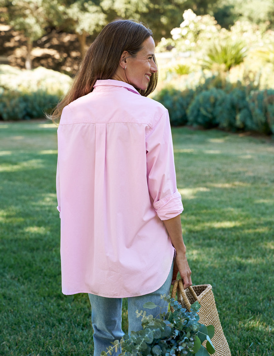 Back of person wearing Pink Joedy Boyfriend Button-Up Shirt in Superluxe
