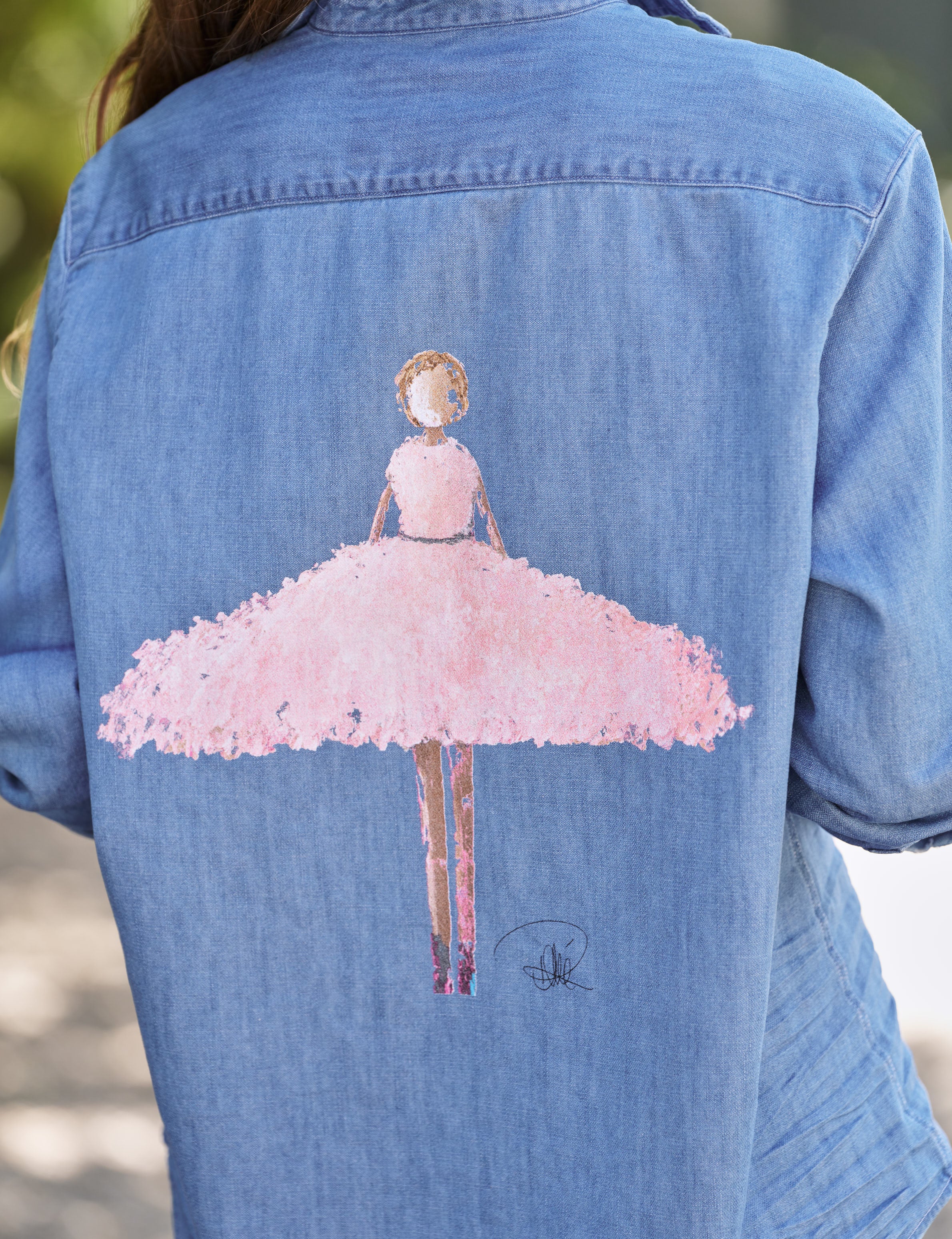 Blue denim shirt with a pink ballerina design on the back, view 3