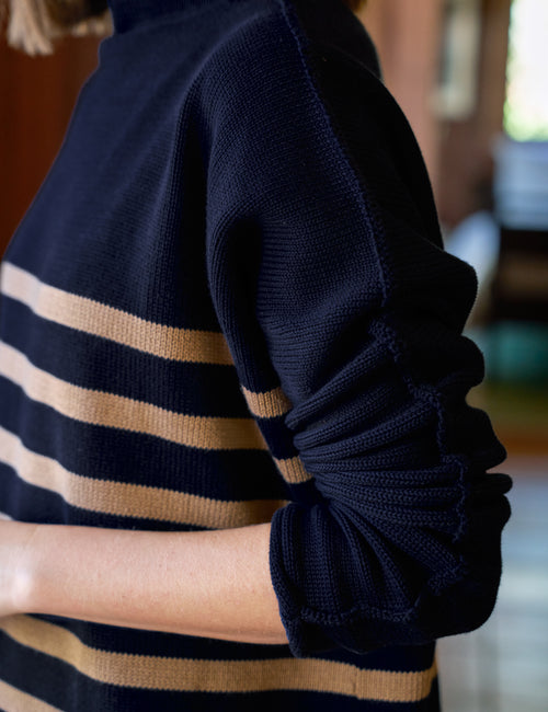 MONTEREY Navy with Camel Stripe, Pure Italian Cotton, view 3
