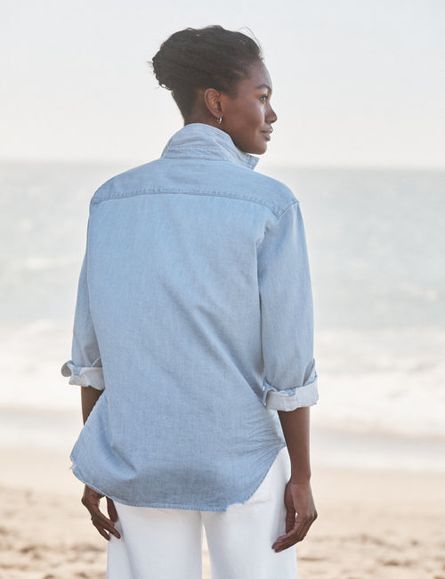 Person wearing a light blue denim shirt and white pants standing on a beach., alternate view
