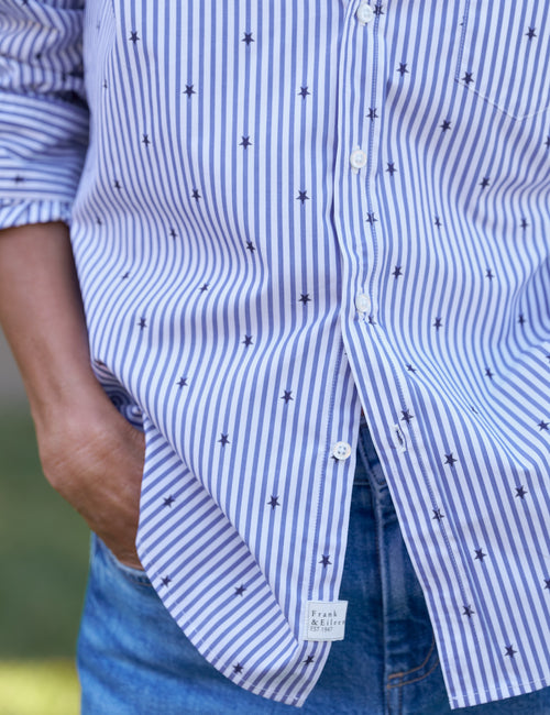 Close-up of a person wearing a blue and white striped shirt with a brand label., view 3