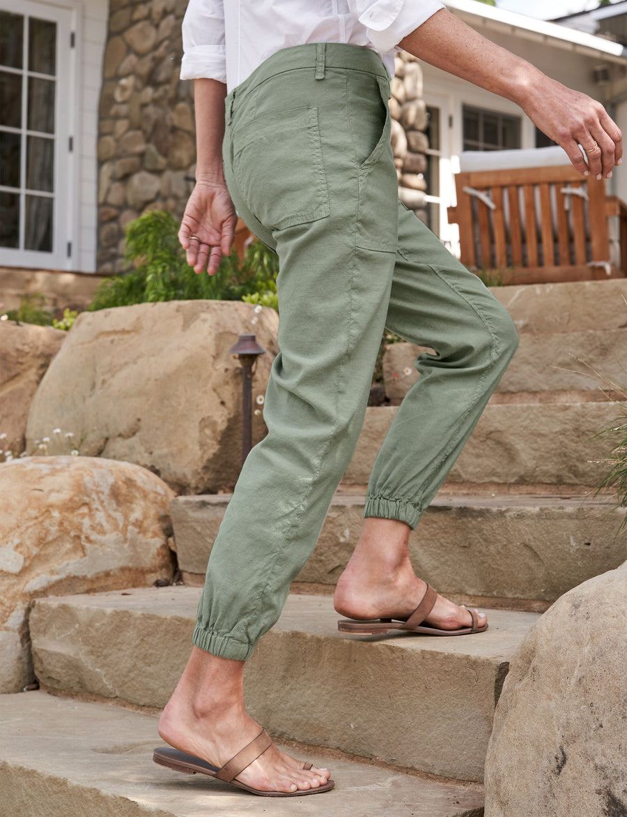 Back of person wearing Sage Green Frank & Eileen Jameson Utility Jogger in Italian Performance Linen