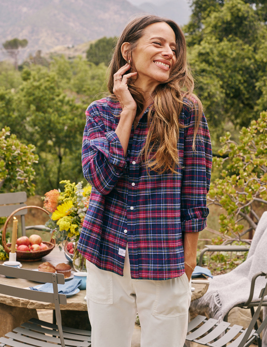 Front of person wearing Red Plaid Frank & Eileen Eileen Relaxed Button-Up Shirt in Flannel
