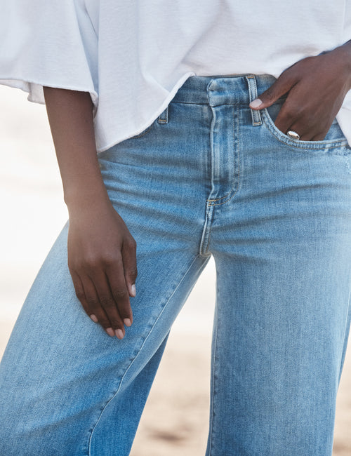 Person wearing light blue jeans with a blurred background, view 3