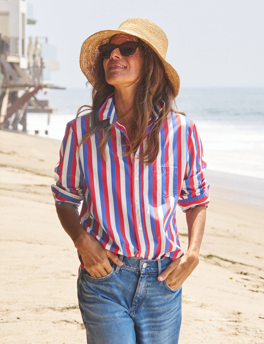 Eileen, Relaxed Button-Up Shirt, Red Blue Stripe | Frank & Eileen