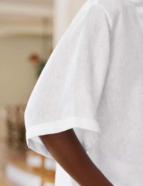 White shirt worn by a person with a blurred background, view 3