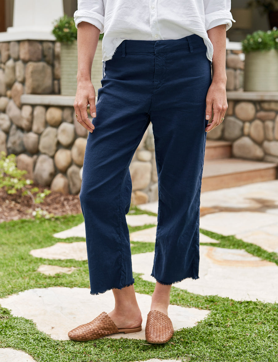 Front of person wearing Navy Frank & Eileen Kinsale High-Rise Pant in Italian Performance Linen