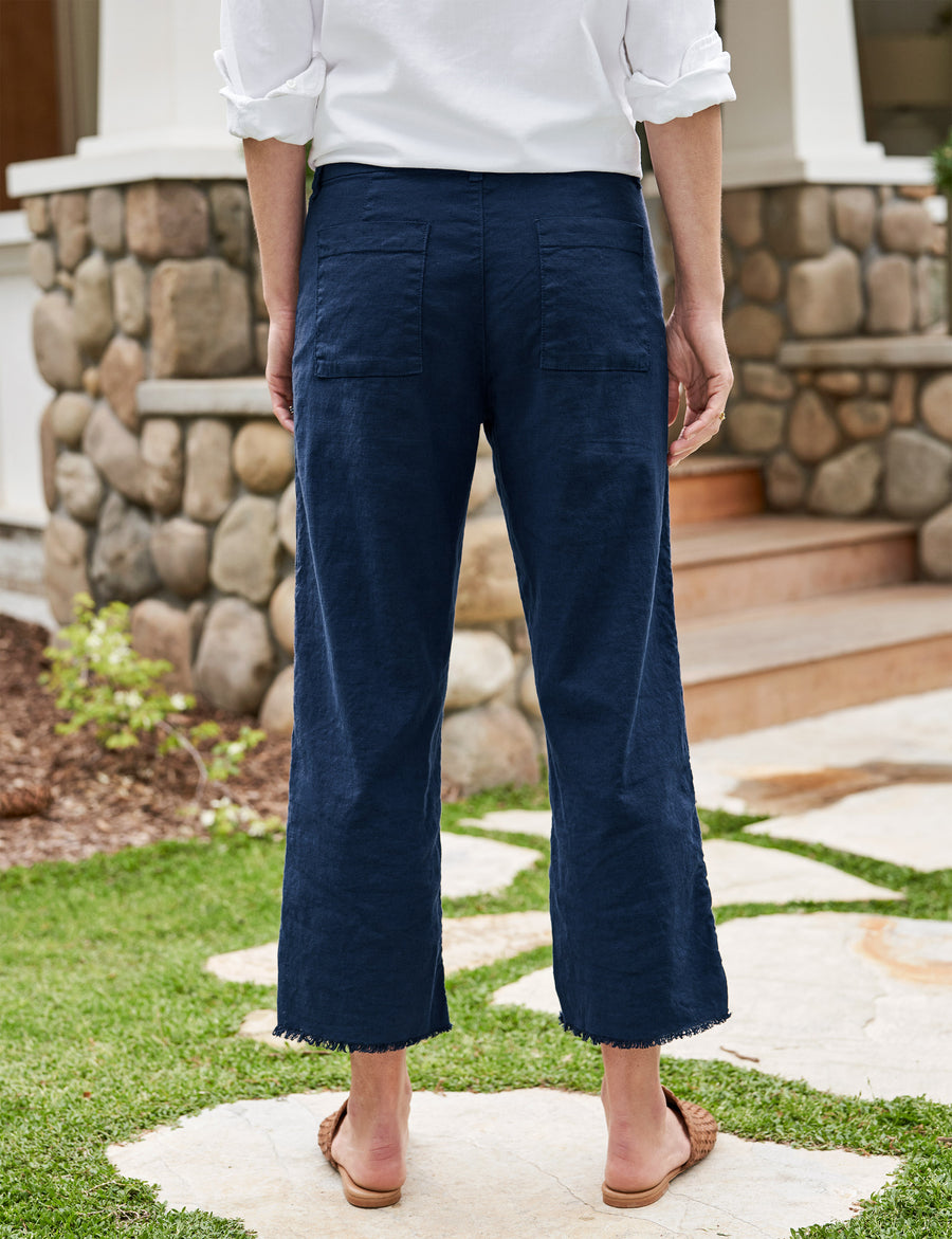 Back of person wearing Navy Frank & Eileen Kinsale High-Rise Pant in Italian Performance Linen
