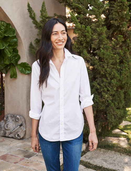Front of person wearing White Frank & Eileen Frank Classic Button-Up Shirt in Superfine, front view