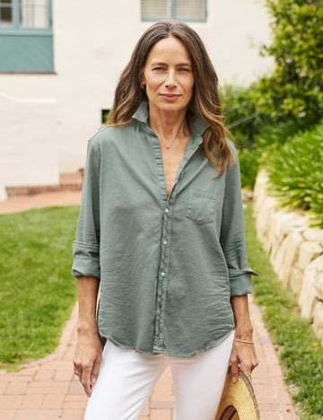 Front of person wearing Green Frank & Eileen Eileen Relaxed Button-Up Shirt in Famous Denim