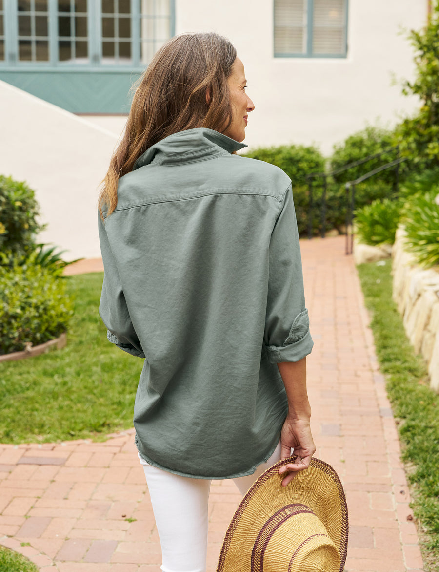 Back of person wearing Green Frank & Eileen Eileen Relaxed Button-Up Shirt in Famous Denim