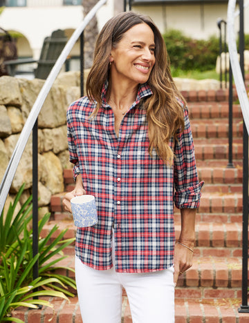 Front of person wearing Red Plaid Frank and Eileen Eileen Relaxed Button-Up Shirt in Flannel