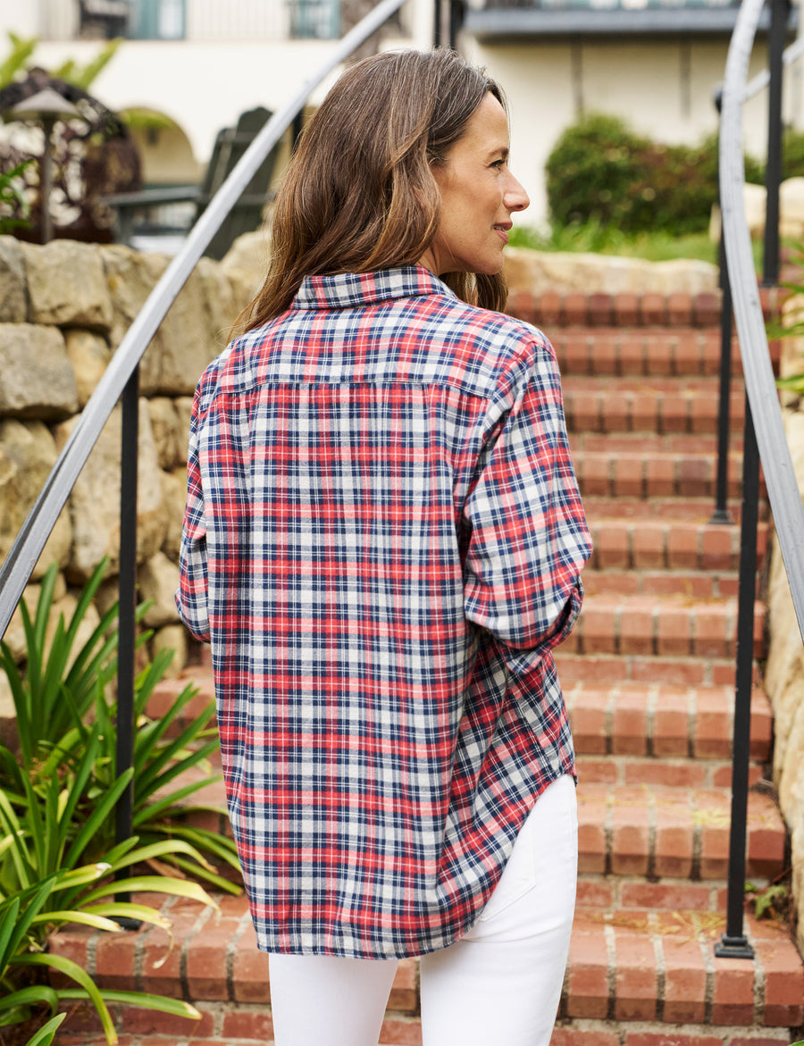 Back of person wearing Red Plaid Frank and Eileen Eileen Relaxed Button-Up Shirt in Flannel
