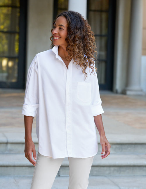 white oversized dress shirt SPANX White Cotton Poplin Oversized Button-Up Shirt