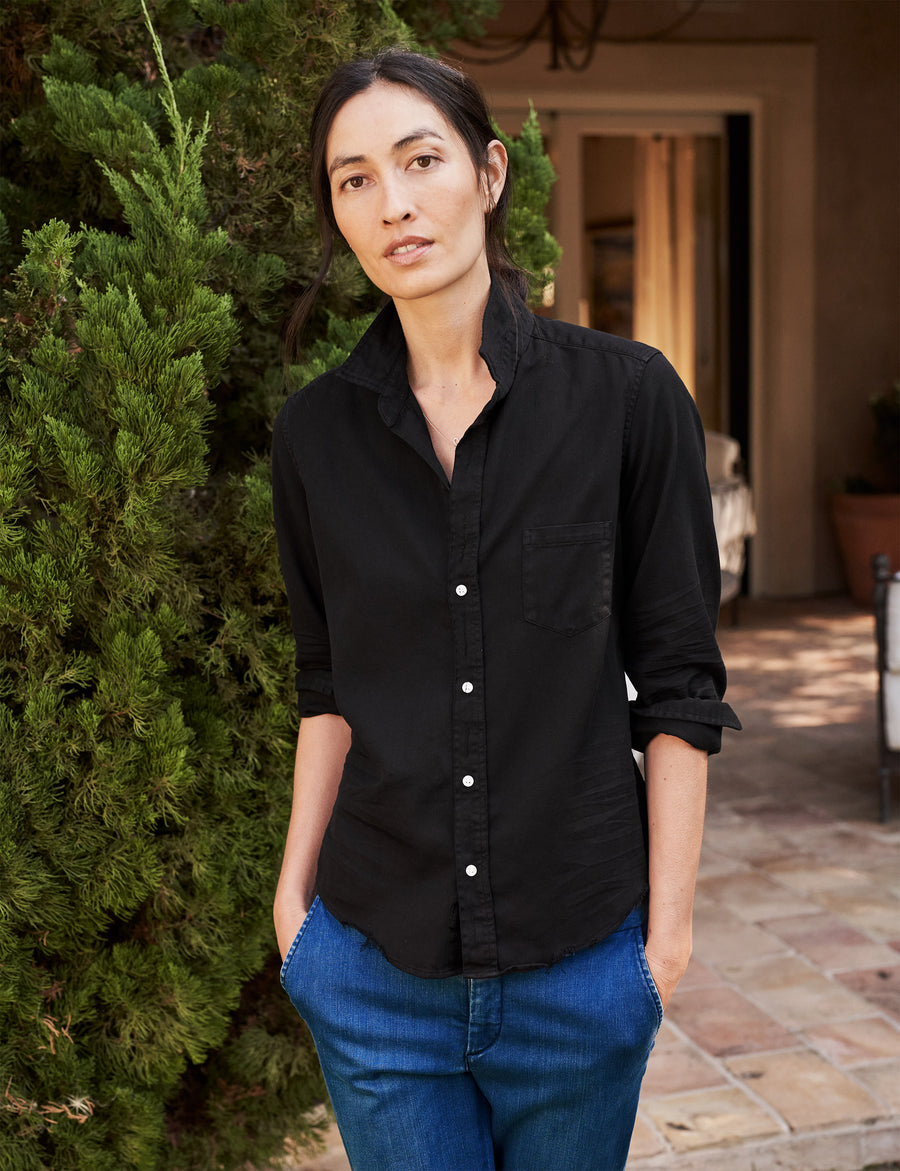 Front of person wearing Black Frank & Eileen Barry Tailored Button-Up Shirt in Famous Denim