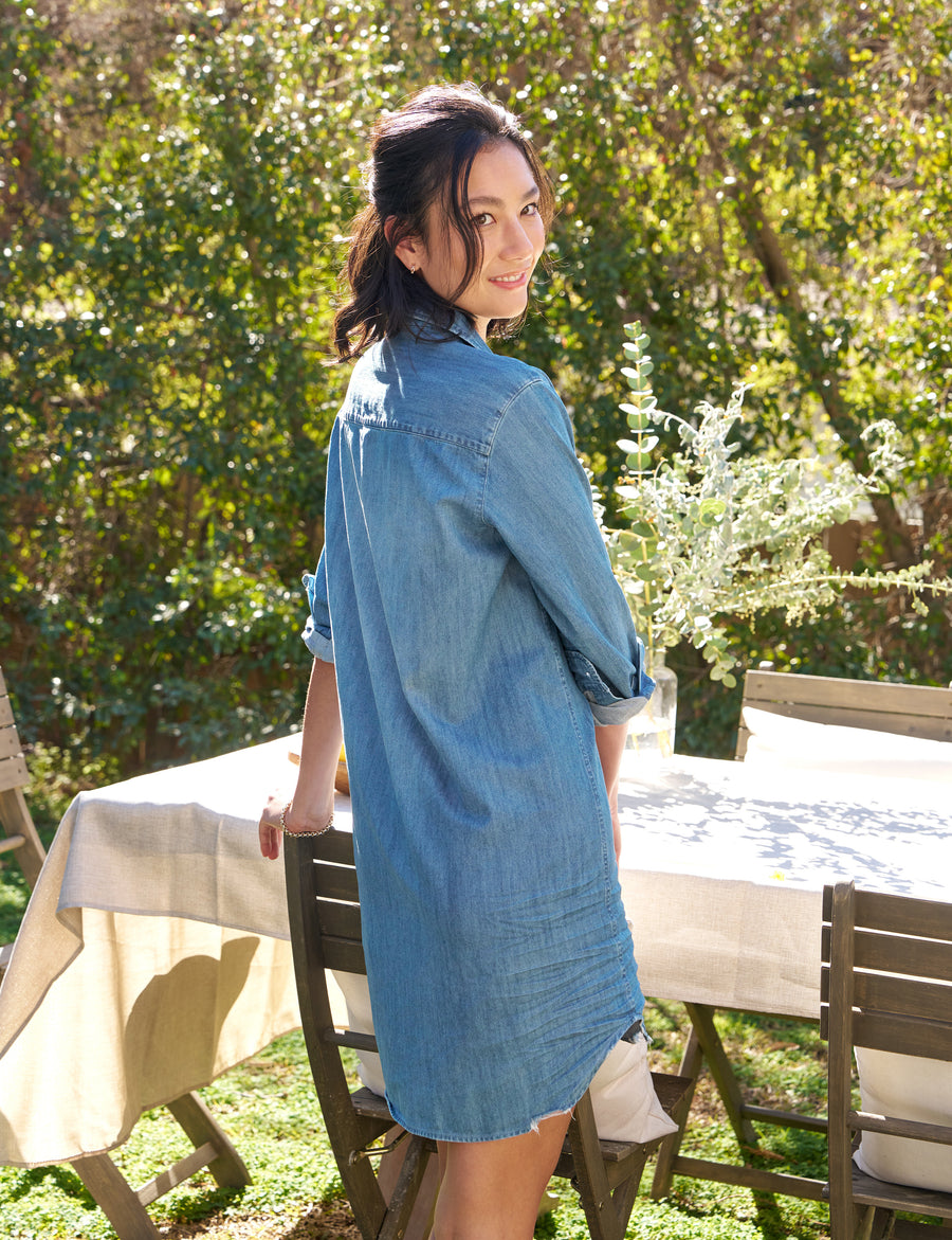 Back of person wearing Vintage Wash Frank & Eileen Mary Classic Shirtdress in Famous Denim