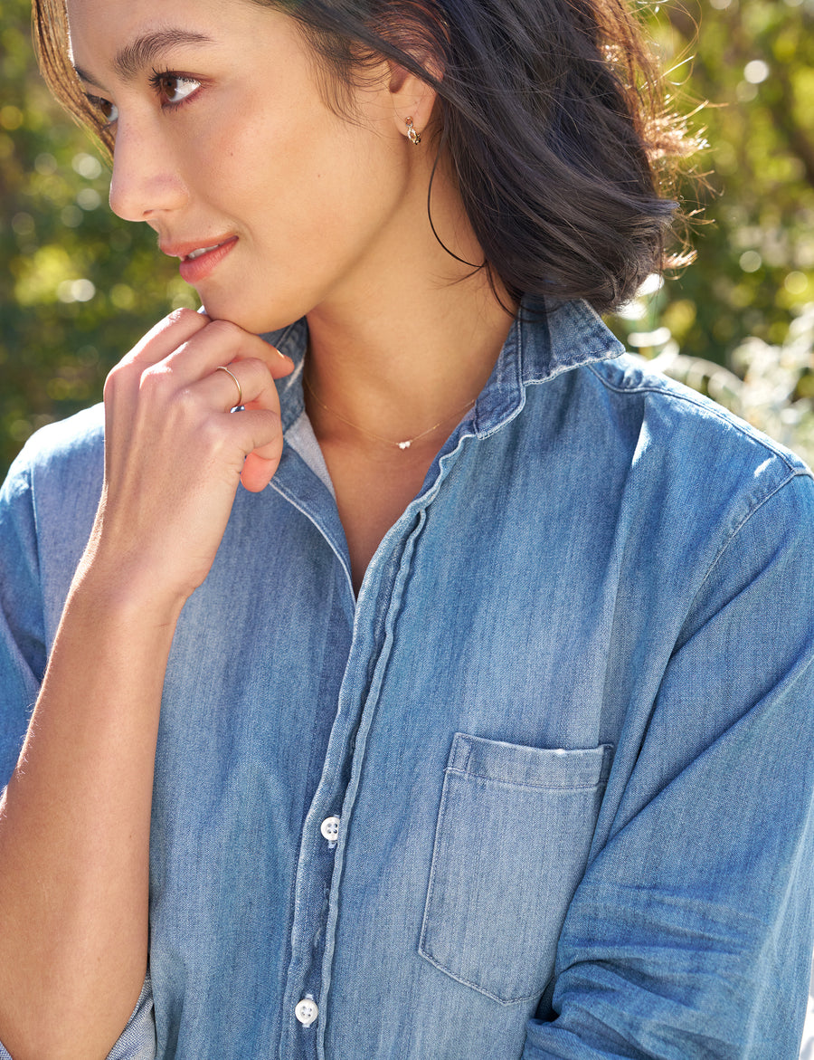 Face and collar of person wearing Vintage Wash Frank & Eileen Mary Classic Shirtdress in Famous Denim