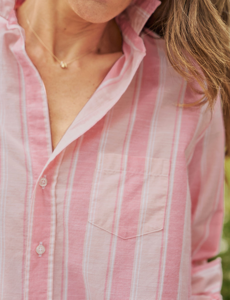 Detail of front pocket and button placket on person wearing Pink Stripe Frank & Eileen Eileen Relaxed Button-Up Shirt in Casual Cotton
