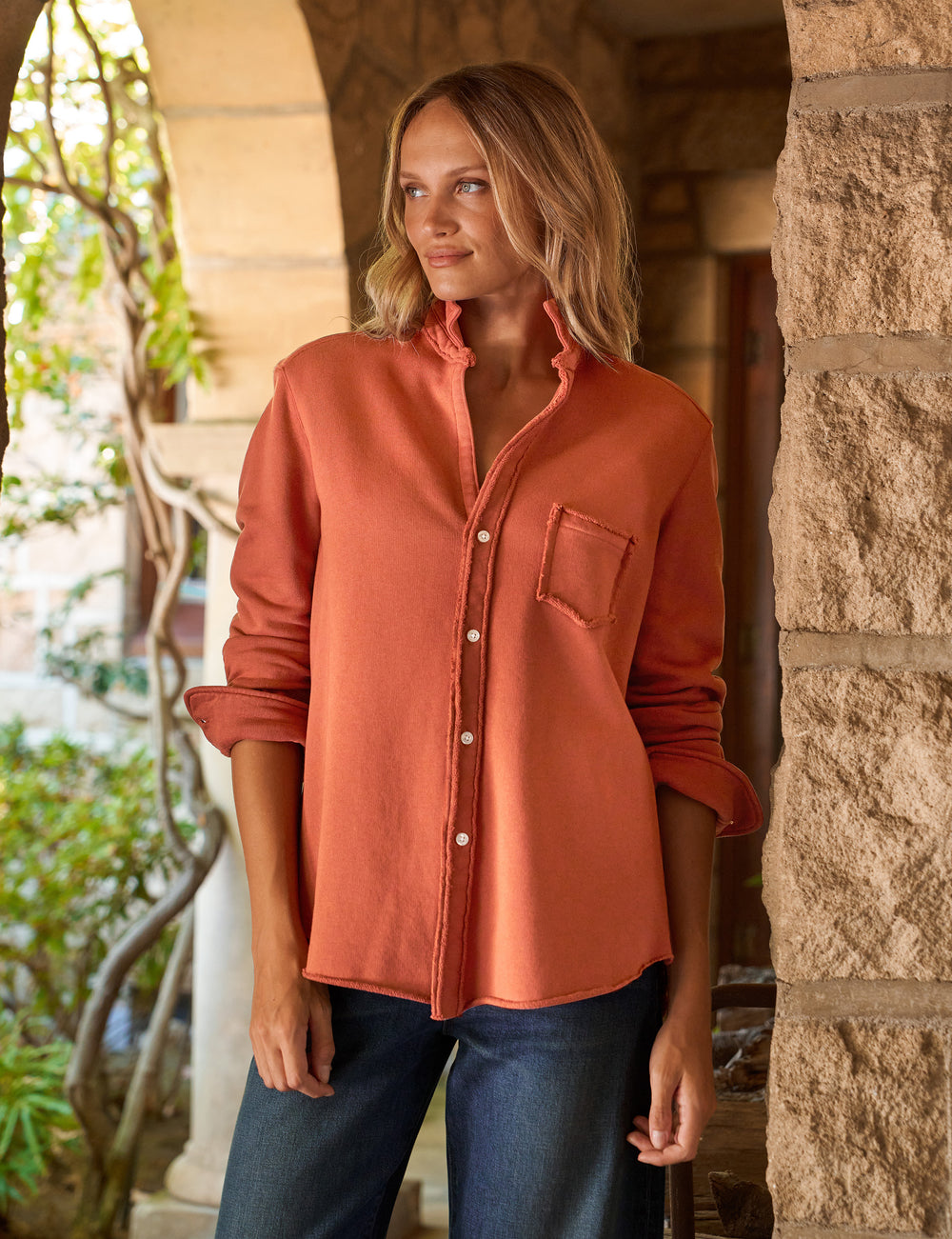 Eileen, Sweatshirt Button-Up, Orange | Frank & Eileen