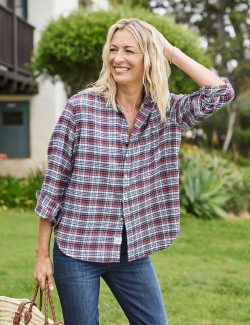 Front of person wearing Red Plaid Frank & Eileen Eileen Relaxed Button-Up Shirt in Flannel, front view