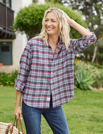 Front of person wearing Red Plaid Frank & Eileen Eileen Relaxed Button-Up Shirt in Flannel