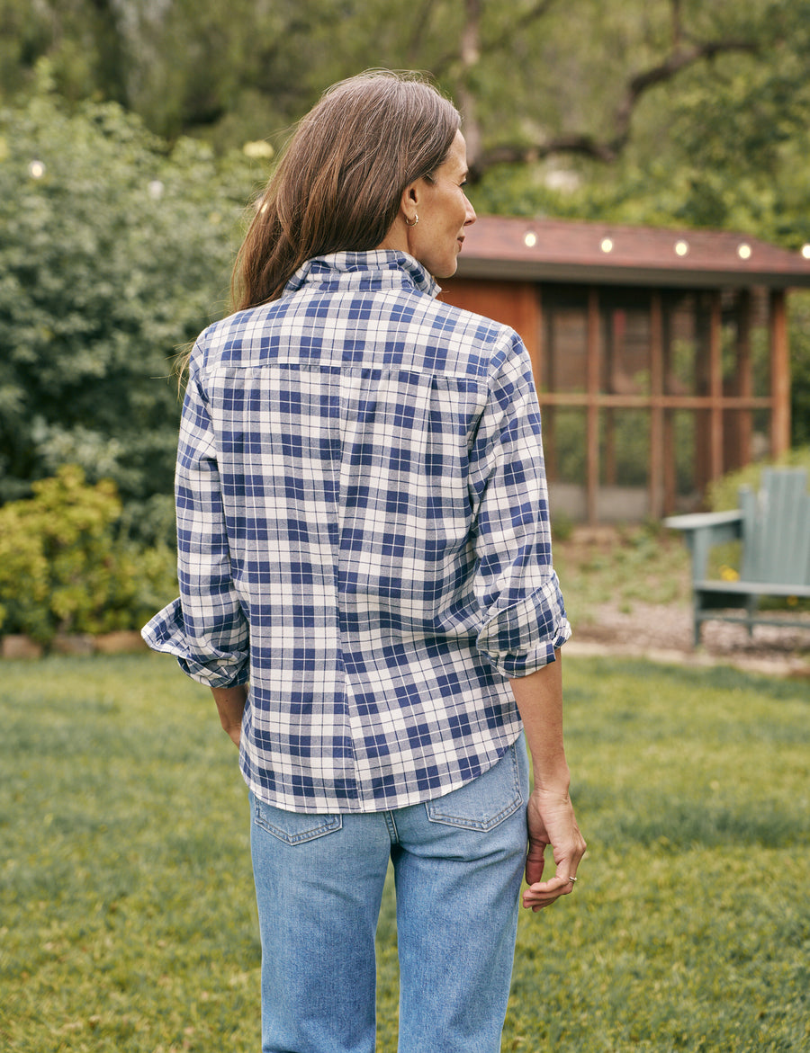 Back of person wearing Blue and White Plaid Frank & Eileen Barry Tailored Button-Up Shirt in Flannel