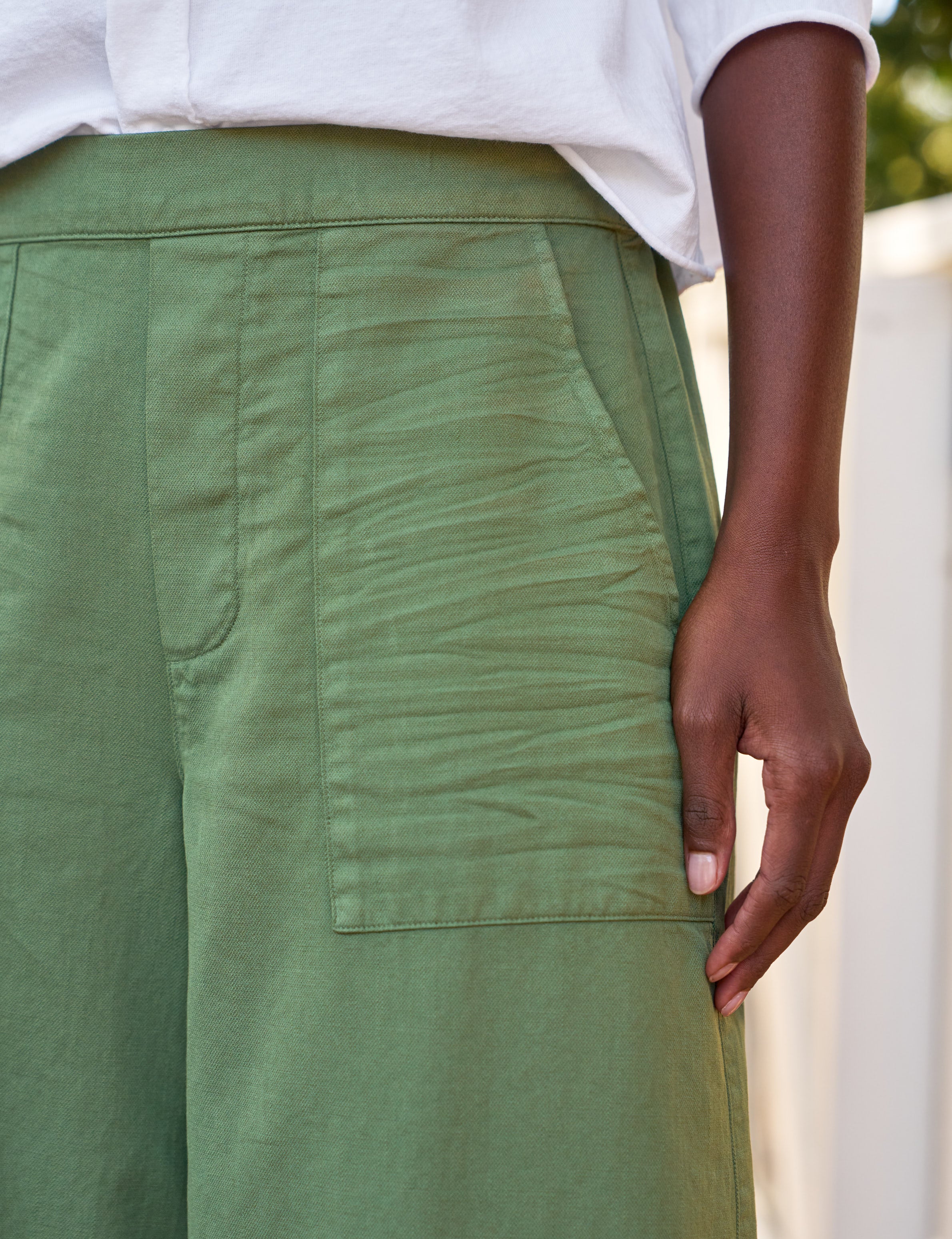 Madeline, Patch Pocket Pull-On Pant, Green Denim | Frank & Eileen